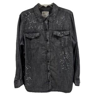 Arizona Jeans Button Up‎ Shirt XXL Black Paint Splatter Long Sleeve Pockets